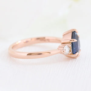1.70 Ct Pear Blue Sapphire Ring in 14k Rose Gold 3 Stone Diamond Ring, Size 6