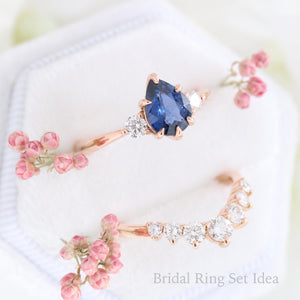 1.70 Ct Pear Blue Sapphire Ring in 14k Rose Gold 3 Stone Diamond Ring, Size 6