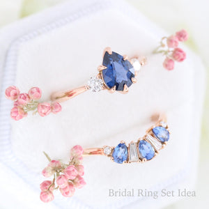 1.70 Ct Pear Blue Sapphire Ring in 14k Rose Gold 3 Stone Diamond Ring, Size 6