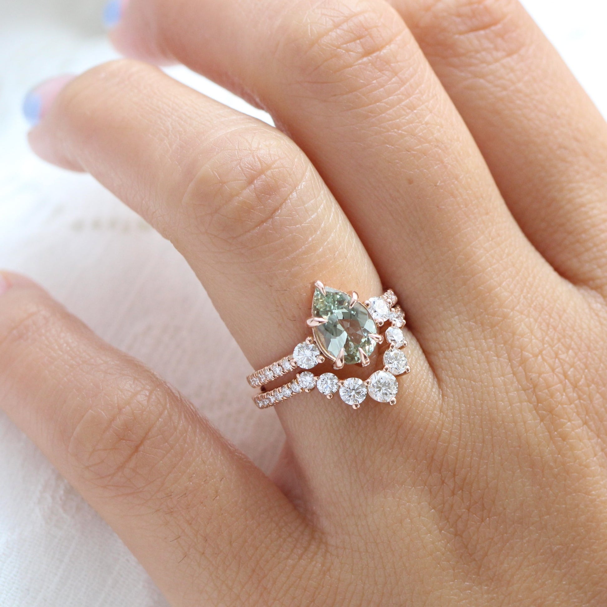 2.03 Ct. Pear Sea Foam Green Sapphire Ring in 14k Rose Gold 3 Stone Diamond Ring, Size 6.5