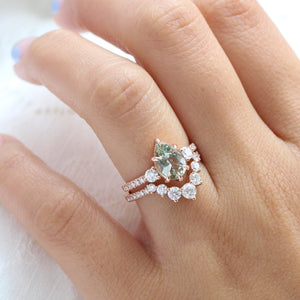 2.03 Ct. Pear Sea Foam Green Sapphire Ring in 14k Rose Gold 3 Stone Diamond Ring, Size 6.5