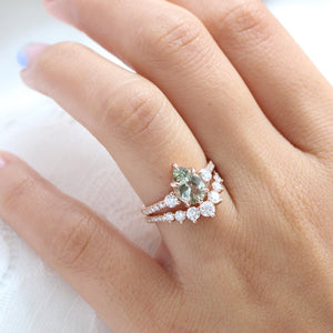 2.03 Ct. Pear Sea Foam Green Sapphire Ring in 14k Rose Gold 3 Stone Diamond Ring, Size 6.5