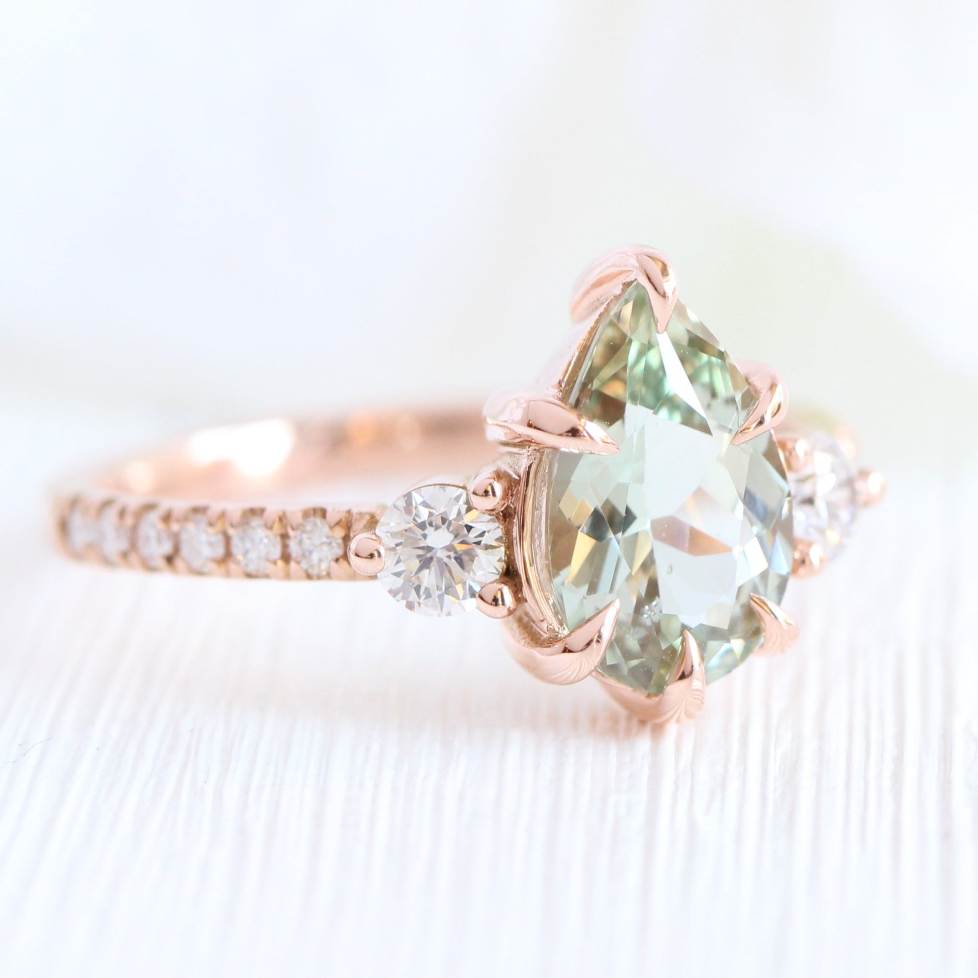 2.03 Ct. Pear Sea Foam Green Sapphire Ring in 14k Rose Gold 3 Stone Diamond Ring, Size 6.5