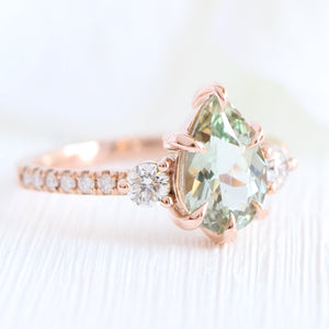 2.03 Ct. Pear Sea Foam Green Sapphire Ring in 14k Rose Gold 3 Stone Diamond Ring, Size 6.5
