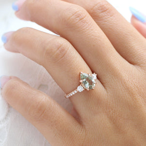 2.03 Ct. Pear Sea Foam Green Sapphire Ring in 14k Rose Gold 3 Stone Diamond Ring, Size 6.5