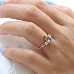2.03 Ct. Pear Sea Foam Green Sapphire Ring in 14k Rose Gold 3 Stone Diamond Ring, Size 6.5