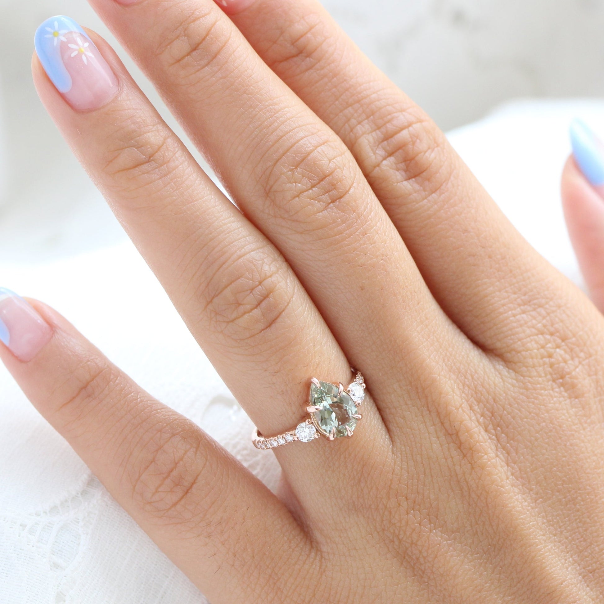 2.03 Ct. Pear Sea Foam Green Sapphire Ring in 14k Rose Gold 3 Stone Diamond Ring, Size 6.5