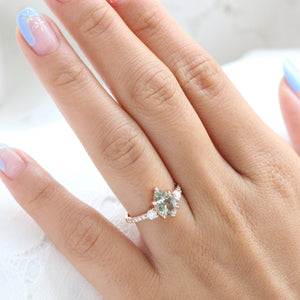 2.03 Ct. Pear Sea Foam Green Sapphire Ring in 14k Rose Gold 3 Stone Diamond Ring, Size 6.5