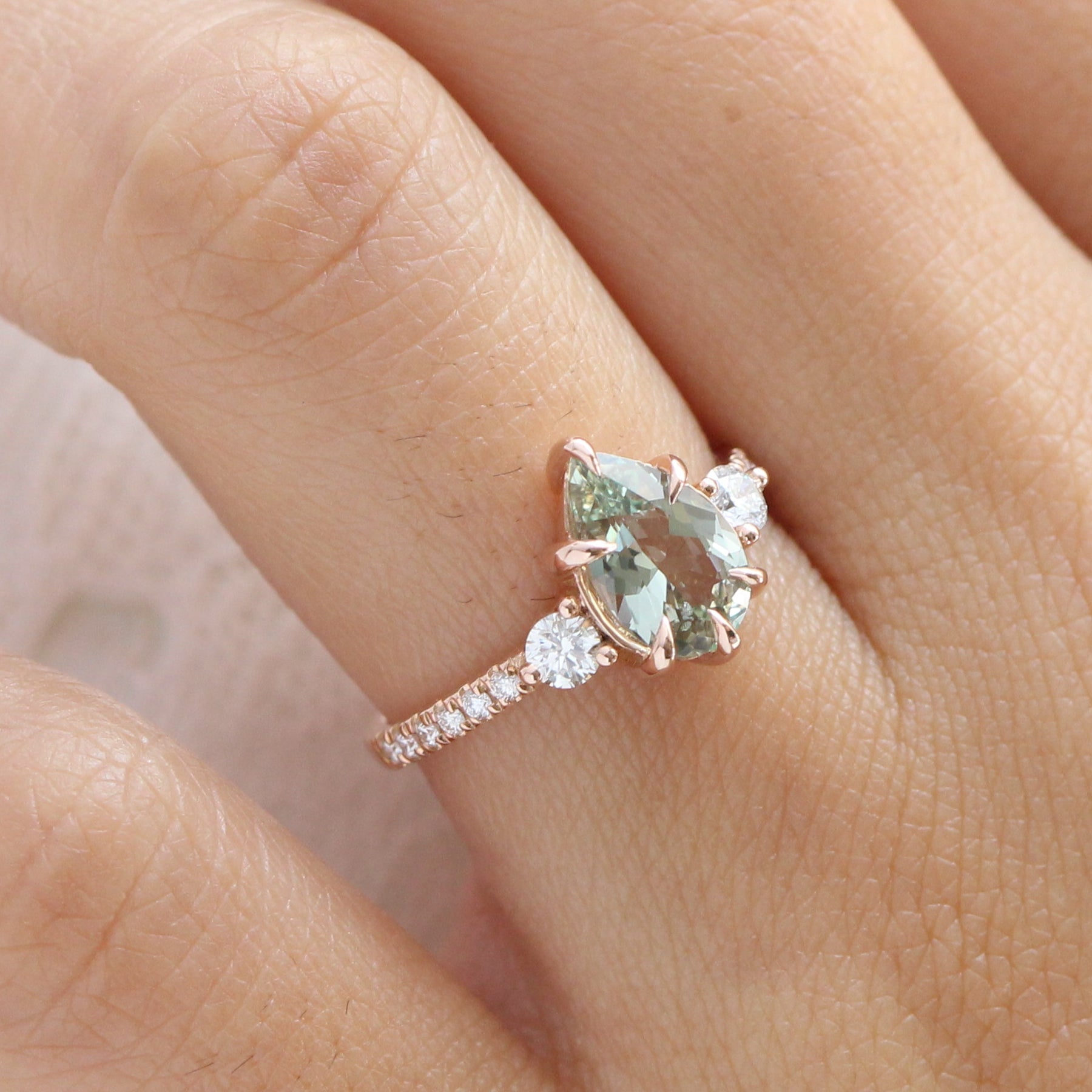 2.03 Ct. Pear Sea Foam Green Sapphire Ring in 14k Rose Gold 3 Stone Diamond Ring, Size 6.5
