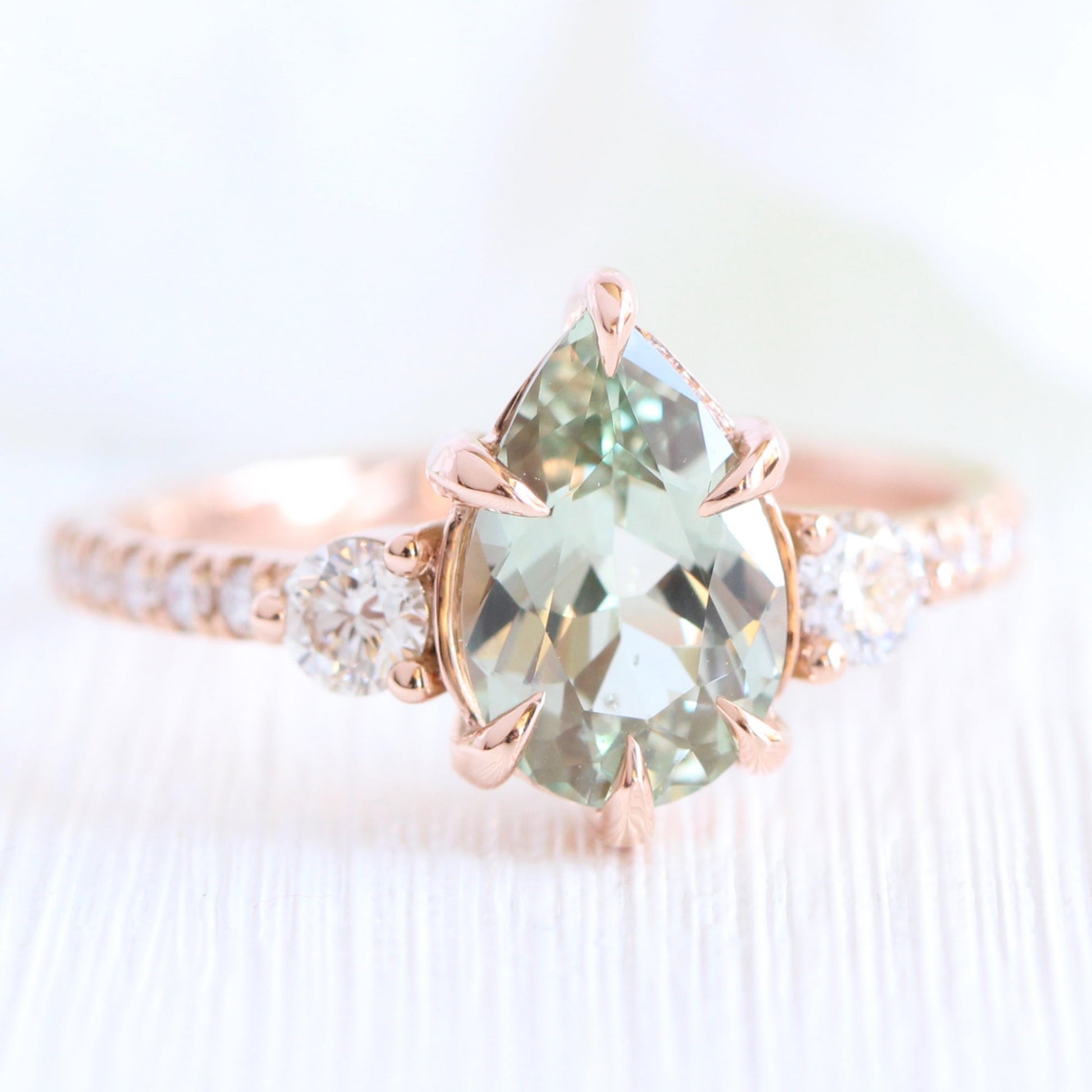 2.03 Ct. Pear Sea Foam Green Sapphire Ring in 14k Rose Gold 3 Stone Diamond Ring, Size 6.5
