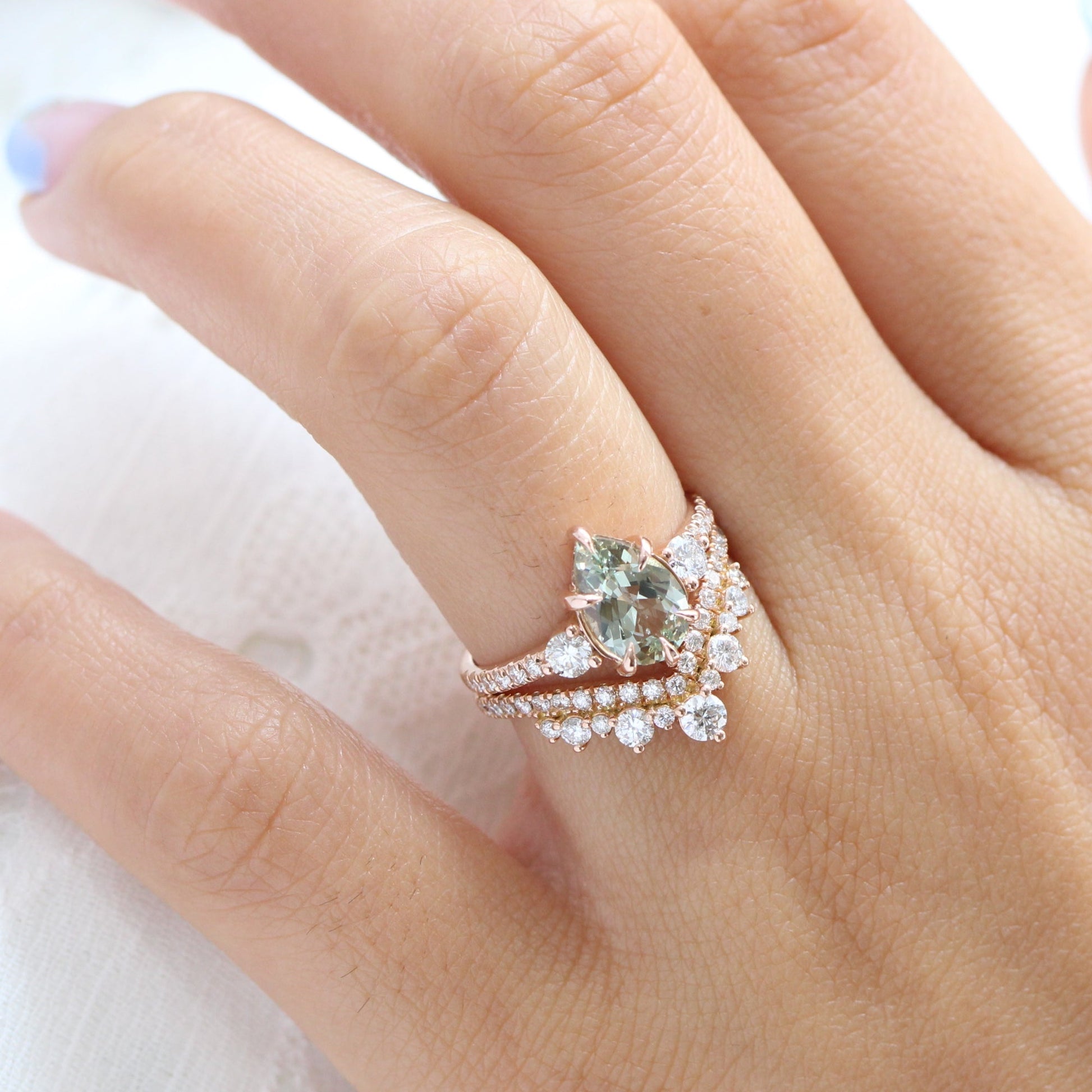 2.03 Ct. Pear Sea Foam Green Sapphire Ring in 14k Rose Gold 3 Stone Diamond Ring, Size 6.5