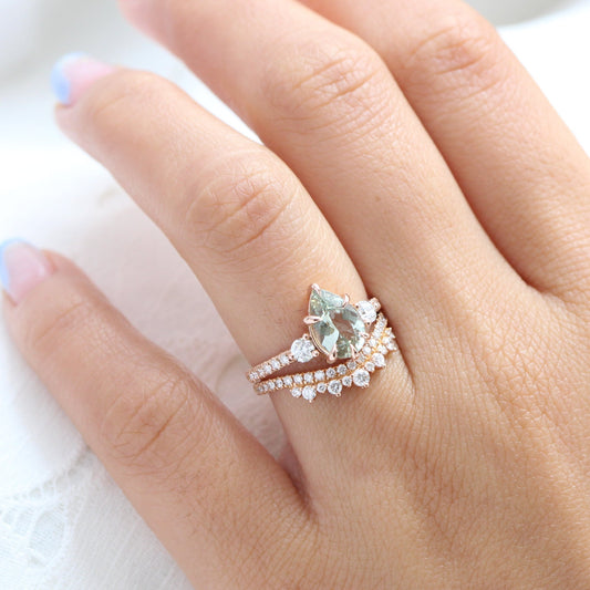 2.03 Ct. Pear Sea Foam Green Sapphire Ring in 14k Rose Gold 3 Stone Diamond Ring, Size 6.5
