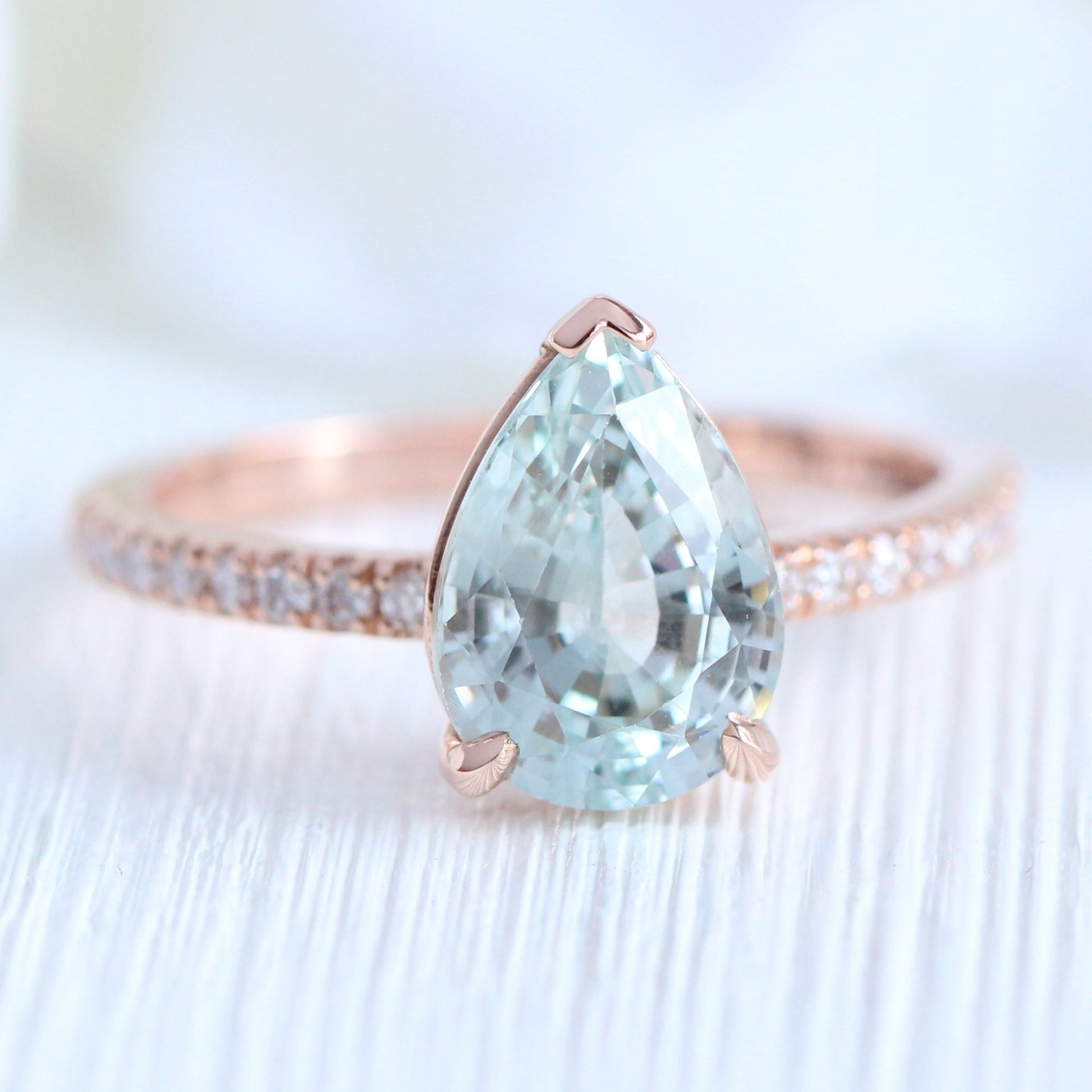 2.86 Ct Pear Seafoam Green Sapphire Ring in 14k Rose Gold Low Profile Ring, Size 6.25