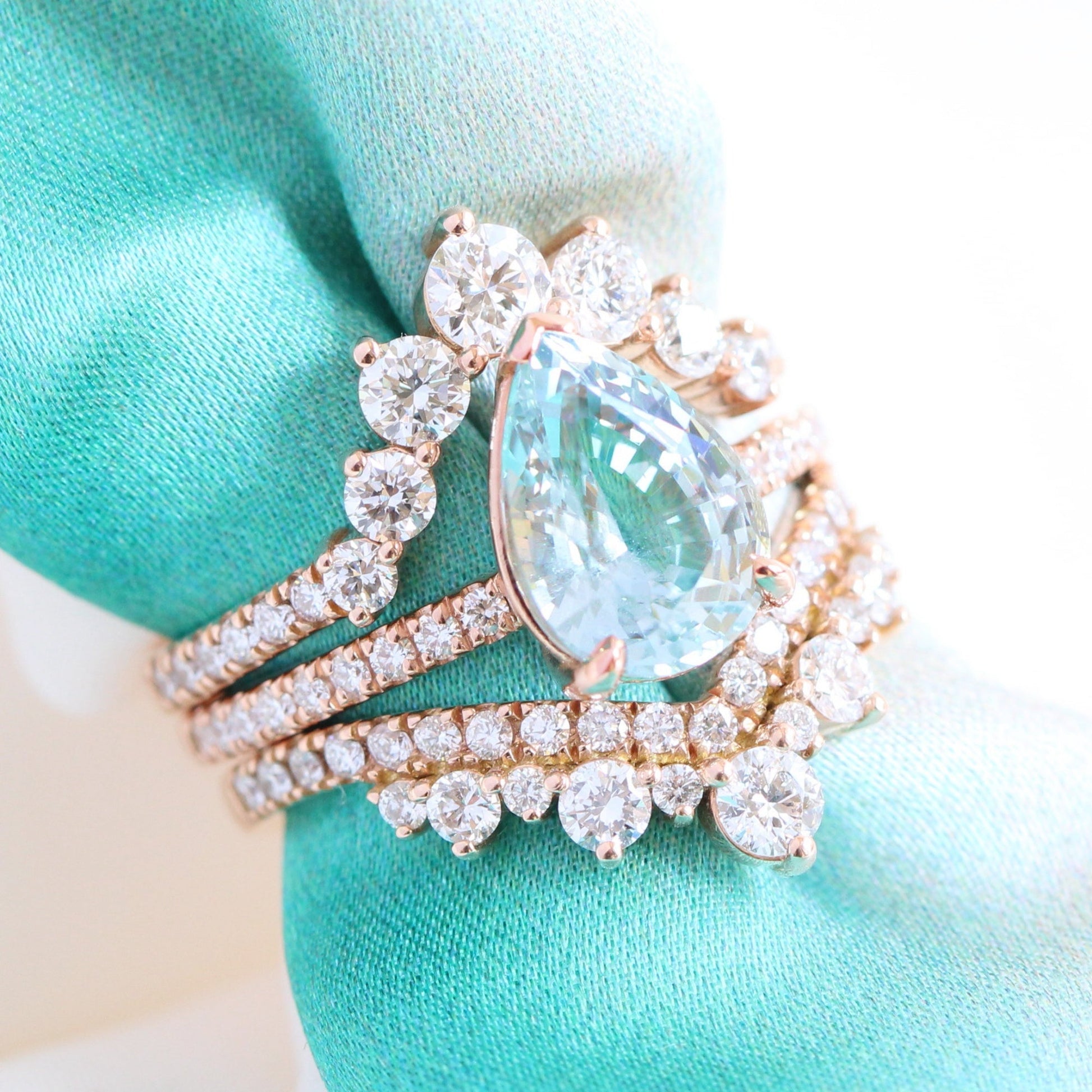 2.86 Ct Pear Seafoam Green Sapphire Ring in 14k Rose Gold Low Profile Ring, Size 6.25