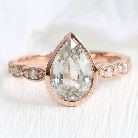 2.96 Ct Pastel Sea-foam Green Sapphire Ring in 14k Rose Gold Bezel Scalloped Diamond, Size 6.25