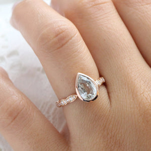 2.96 Ct Pastel Sea-foam Green Sapphire Ring in 14k Rose Gold Bezel Scalloped Diamond, Size 6.25