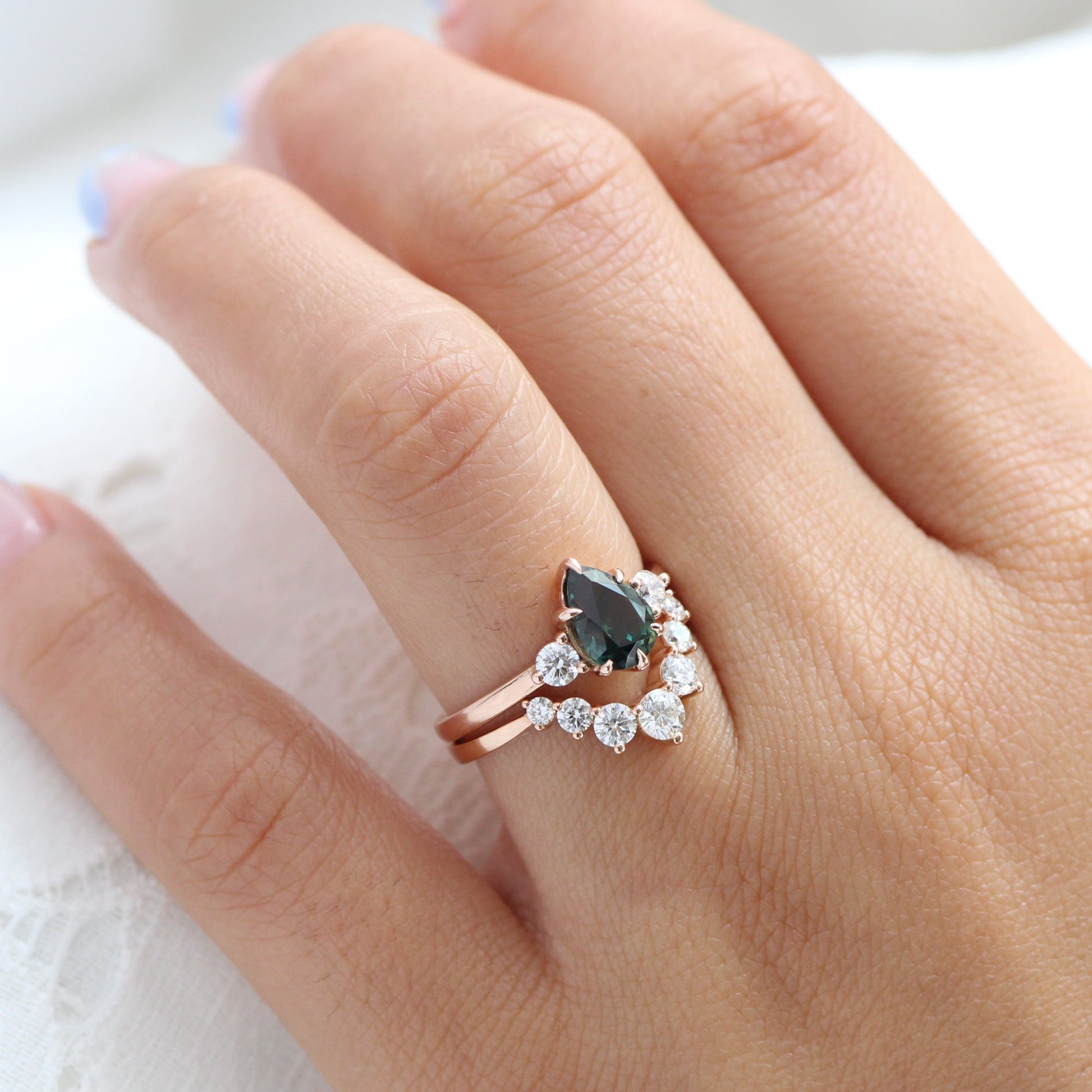 1.97 Ct Pear Teal Green Sapphire Ring in 14k Rose Gold 3 Stone Diamond Ring, Size 6.5