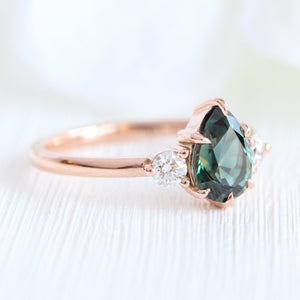 1.97 Ct Pear Teal Green Sapphire Ring in 14k Rose Gold 3 Stone Diamond Ring, Size 6.5