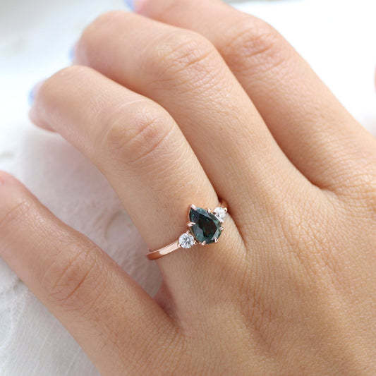 1.97 Ct Pear Teal Green Sapphire Ring in 14k Rose Gold 3 Stone Diamond Ring, Size 6.5