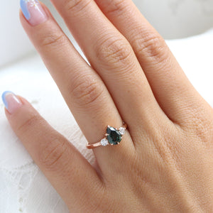 1.97 Ct Pear Teal Green Sapphire Ring in 14k Rose Gold 3 Stone Diamond Ring, Size 6.5
