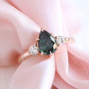 1.97 Ct Pear Teal Green Sapphire Ring in 14k Rose Gold 3 Stone Diamond Ring, Size 6.5
