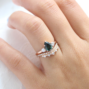 1.97 Ct Pear Teal Green Sapphire Ring in 14k Rose Gold 3 Stone Diamond Ring, Size 6.5