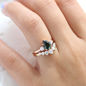 1.97 Ct Pear Teal Green Sapphire Ring in 14k Rose Gold 3 Stone Diamond Ring, Size 6.5