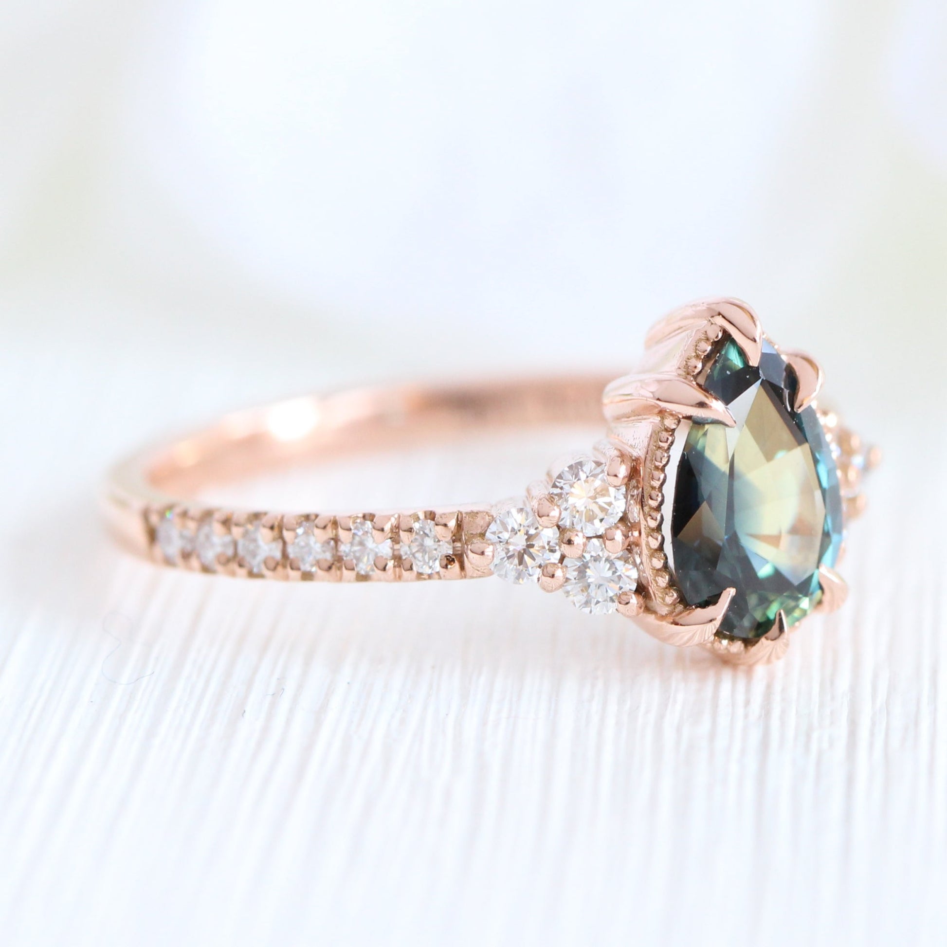 1.46 Ct Pear Teal Green Sapphire Ring in 14k Rose Gold Vintage 3 Diamond Ring, Size 6.5