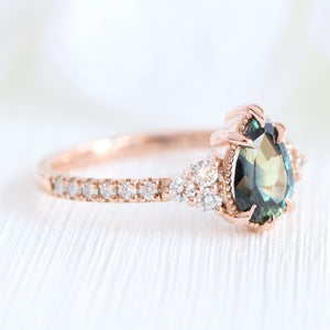 1.46 Ct Pear Teal Green Sapphire Ring in 14k Rose Gold Vintage 3 Diamond Ring, Size 6.5