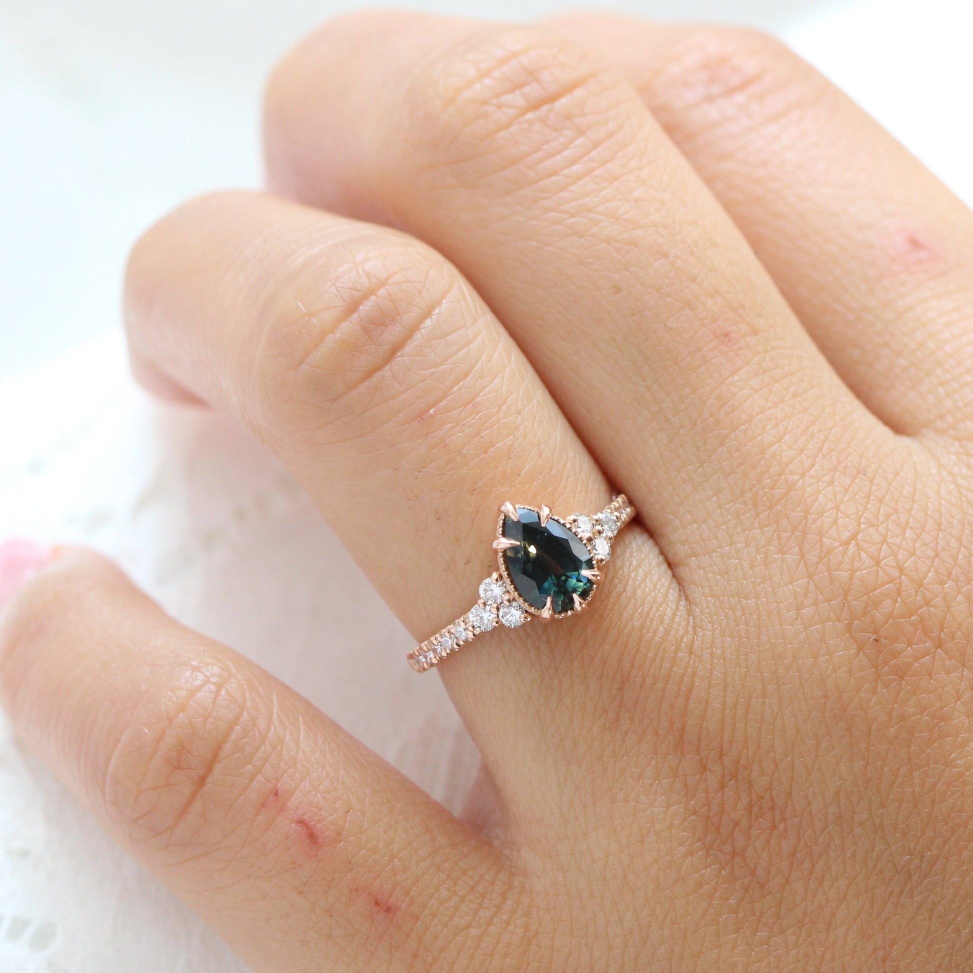 1.46 Ct Pear Teal Green Sapphire Ring in 14k Rose Gold Vintage 3 Diamond Ring, Size 6.5