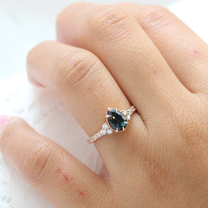 1.46 Ct Pear Teal Green Sapphire Ring in 14k Rose Gold Vintage 3 Diamond Ring, Size 6.5