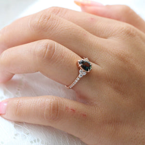 1.46 Ct Pear Teal Green Sapphire Ring in 14k Rose Gold Vintage 3 Diamond Ring, Size 6.5
