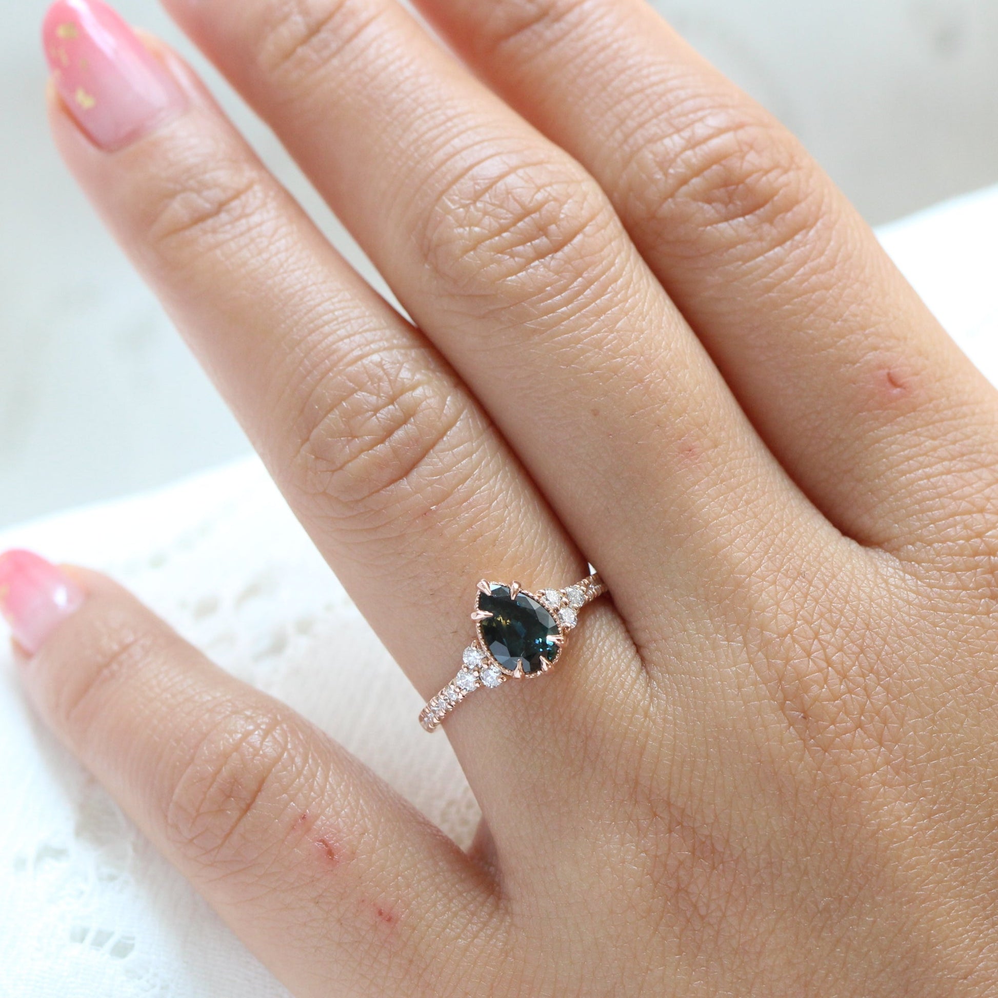 1.46 Ct Pear Teal Green Sapphire Ring in 14k Rose Gold Vintage 3 Diamond Ring, Size 6.5