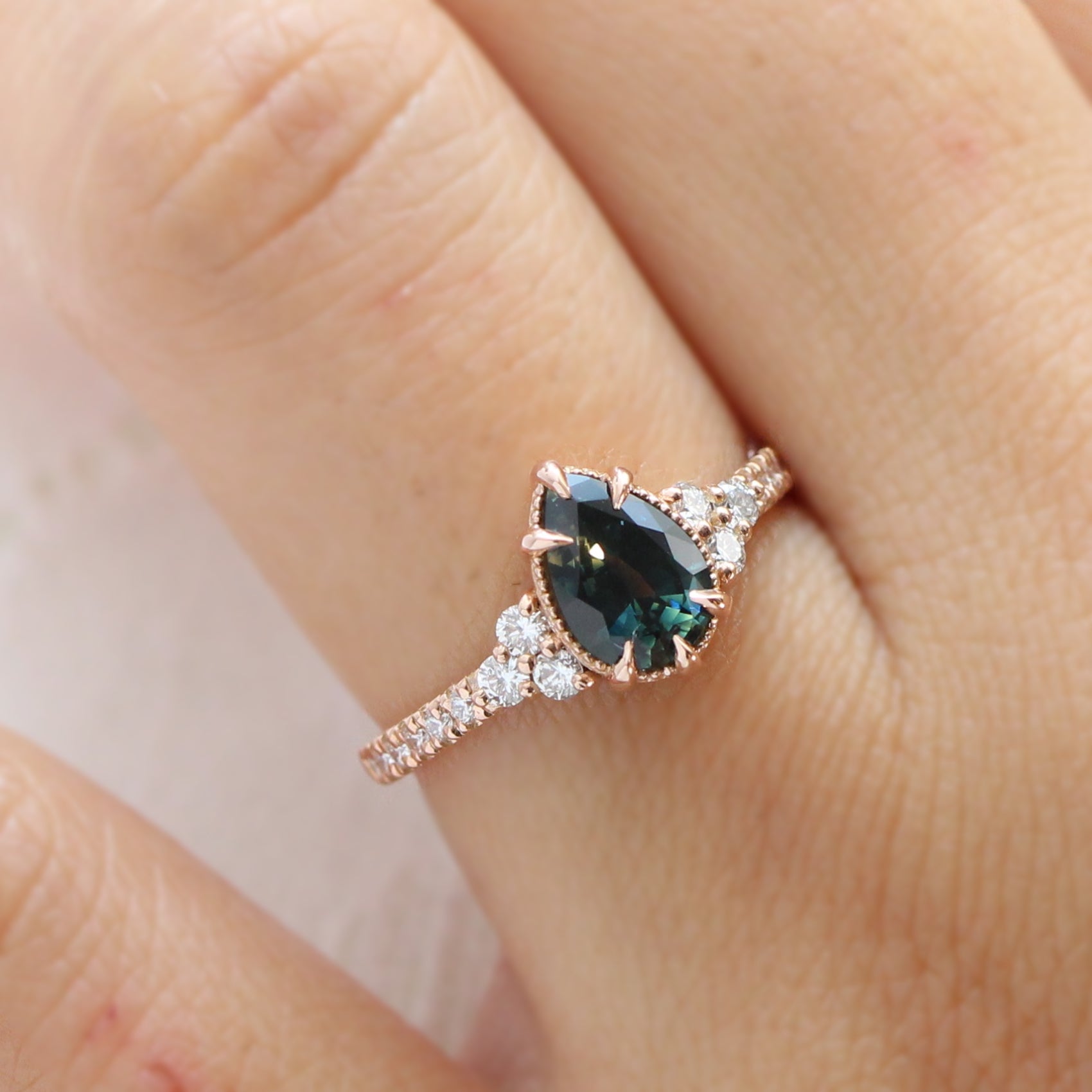1.46 Ct Pear Teal Green Sapphire Ring in 14k Rose Gold Vintage 3 Diamond Ring, Size 6.5