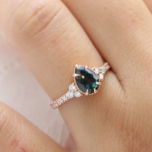1.46 Ct Pear Teal Green Sapphire Ring in 14k Rose Gold Vintage 3 Diamond Ring, Size 6.5