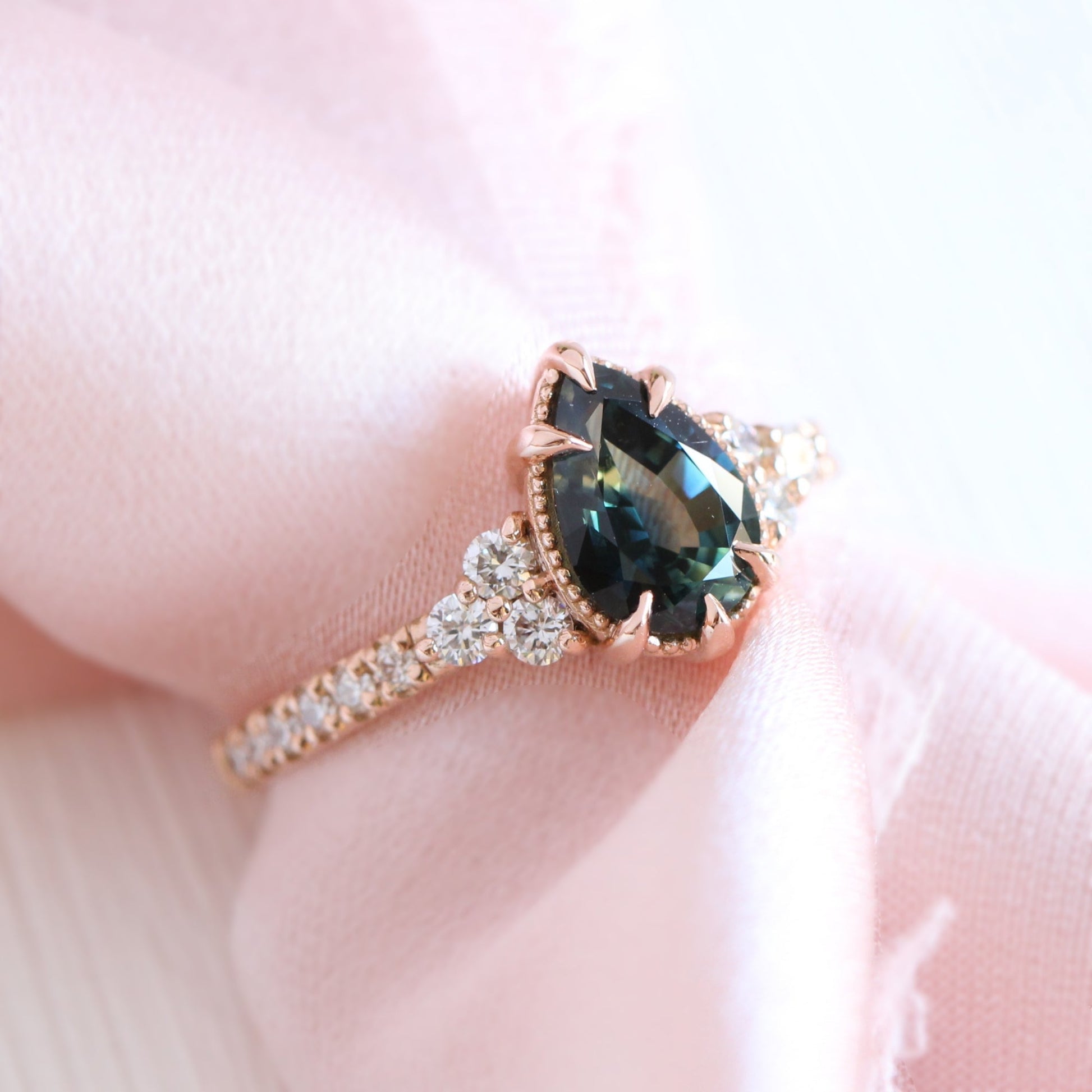 1.46 Ct Pear Teal Green Sapphire Ring in 14k Rose Gold Vintage 3 Diamond Ring, Size 6.5