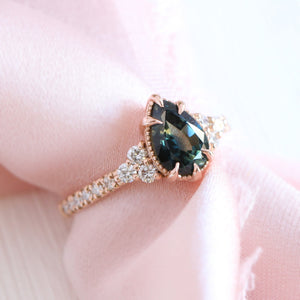 1.46 Ct Pear Teal Green Sapphire Ring in 14k Rose Gold Vintage 3 Diamond Ring, Size 6.5