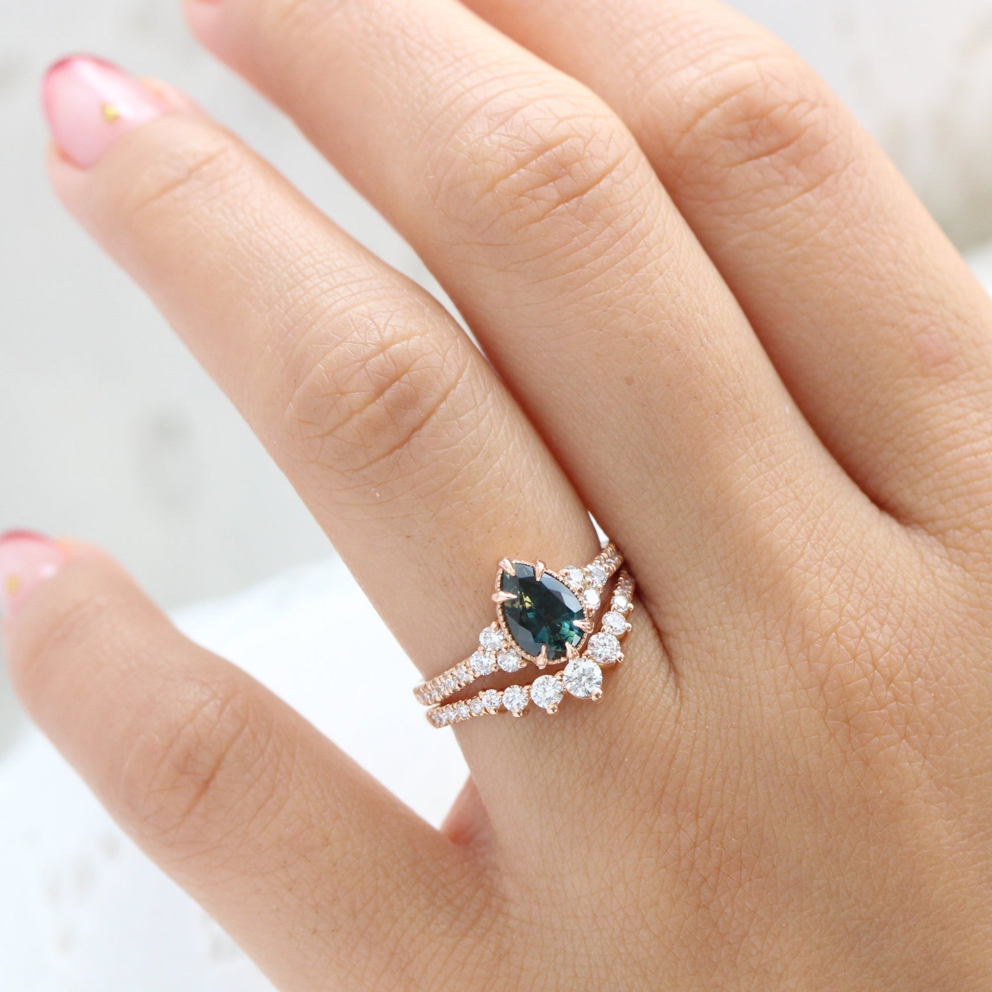 1.46 Ct Pear Teal Green Sapphire Ring in 14k Rose Gold Vintage 3 Diamond Ring, Size 6.5