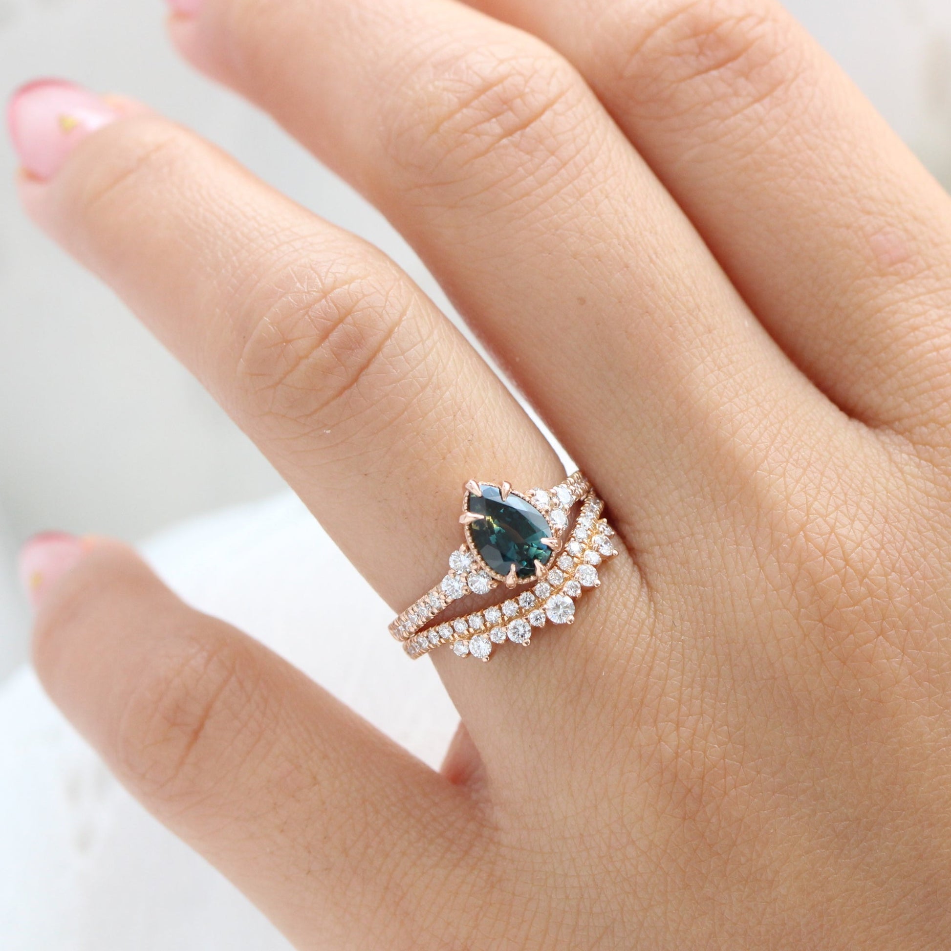 1.46 Ct Pear Teal Green Sapphire Ring in 14k Rose Gold Vintage 3 Diamond Ring, Size 6.5