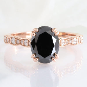 Oval Black Diamond Ring in 14k Rose Gold Grace Solitaire Band, Size 6