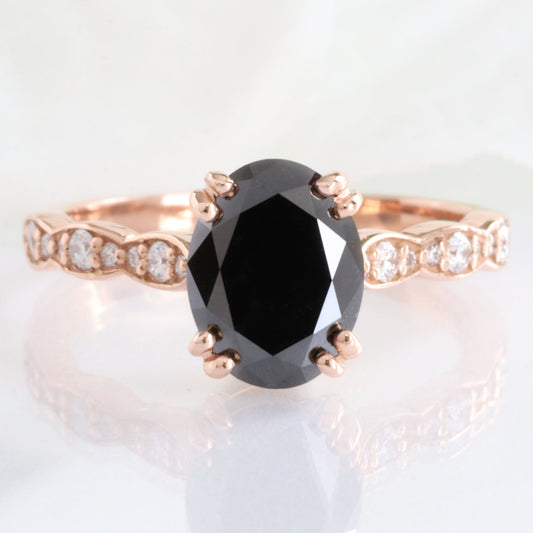 Oval Black Diamond Ring in 14k Rose Gold Grace Solitaire Band, Size 6