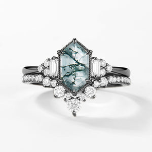 Long Hexagon Moss Agate Milgrain Engagement Ring Set 2pcs