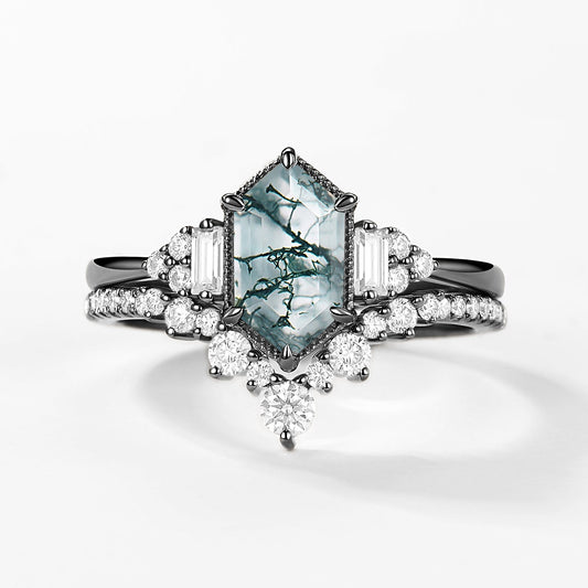 Black Gold Long Hexagon Moss Agate Milgrain Engagement Ring Set 2pcs