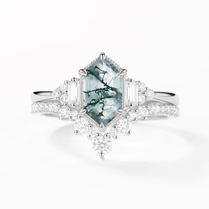 Long Hexagon Moss Agate Milgrain Engagement Ring Set 2pcs