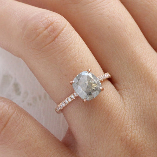 2.28 Ct Large Salt and Pepper Diamond Ring in 14k Rose Gold Solitaire Pave Band, Size 6.75