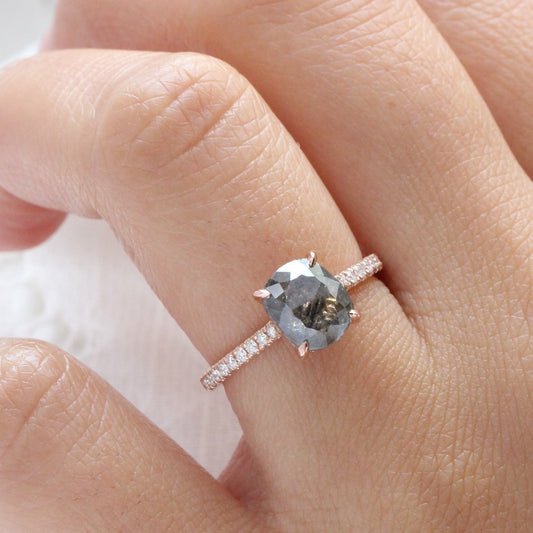 Cushion Cut Salt and Pepper Diamond Ring in 14k Rose Gold Solitaire Pave Band, Size 6.75