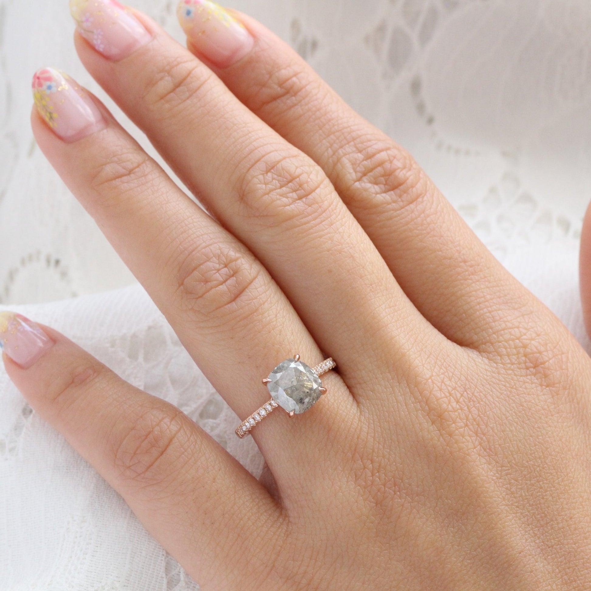 2.28 Ct Large Salt and Pepper Diamond Ring in 14k Rose Gold Solitaire Pave Band, Size 6.75