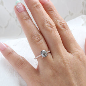 Cushion Cut Salt and Pepper Diamond Ring in 14k Rose Gold Solitaire Pave Band, Size 6.75