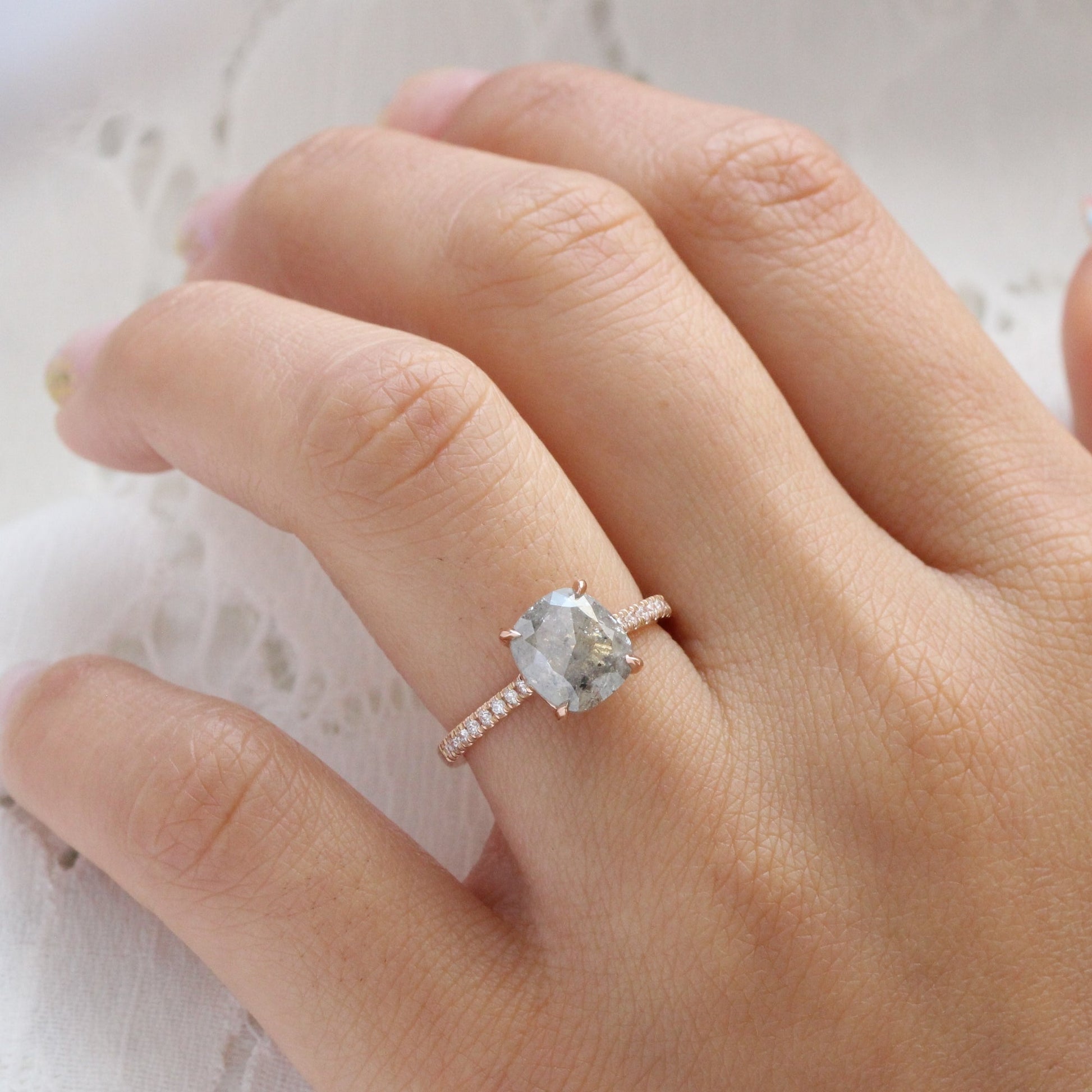 2.28 Ct Large Salt and Pepper Diamond Ring in 14k Rose Gold Solitaire Pave Band, Size 6.75