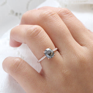 Cushion Cut Salt and Pepper Diamond Ring in 14k Rose Gold Solitaire Pave Band, Size 6.75